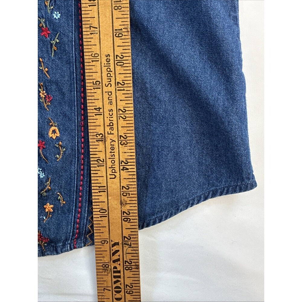 Vtg 90s Y2K Bobbie Brooks Denim Shirt Sz L Blue Floral Embroidery Red Plaid Trim - Picture 8 of 13